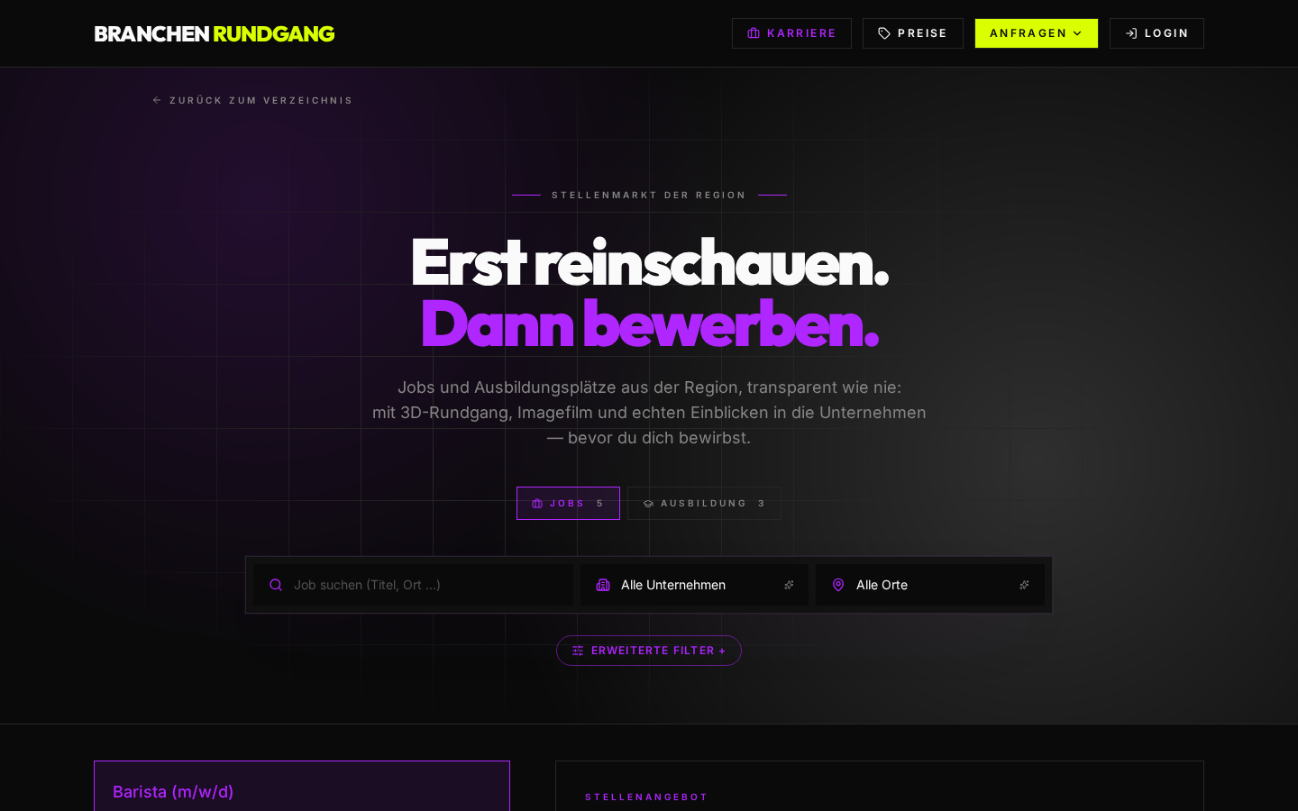 Screenshot der Branchenrundgang Karriereseite