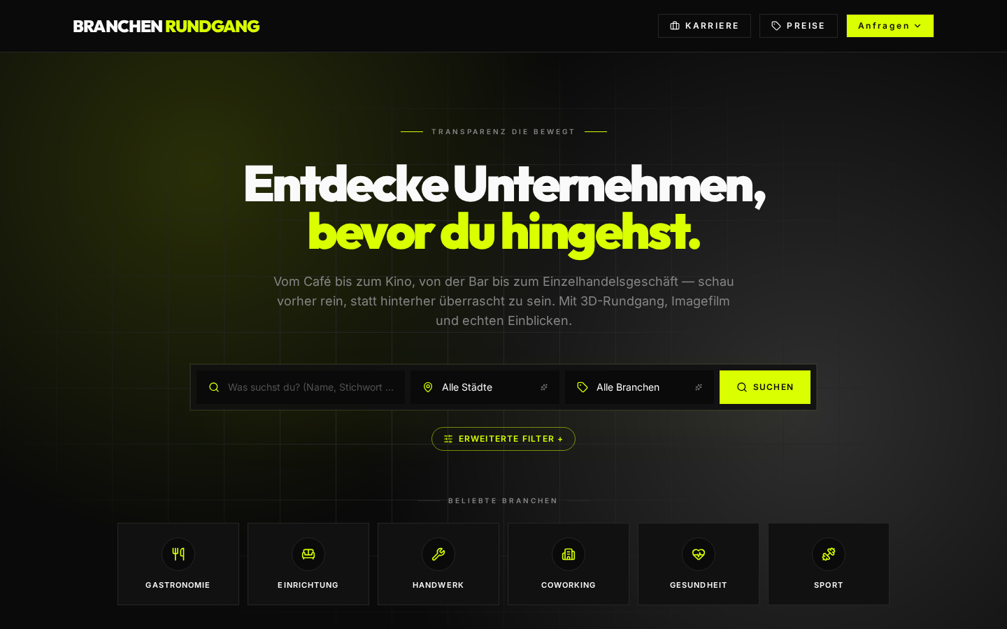 Screenshot der Branchenrundgang Startseite